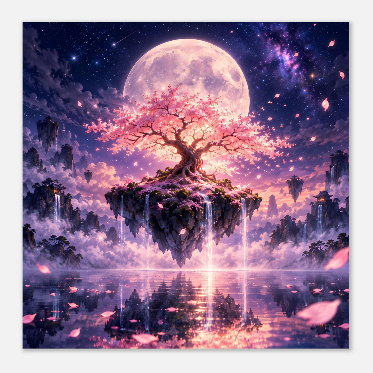 Poster mit Kirschblütenbaum auf schwebender Insel, Vollmond und funkelnde Sterne