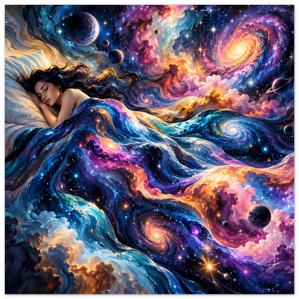 Galaxie-Poster mit liegender Frau, bunten Sternen, Planeten und Nebeln, Querformat.