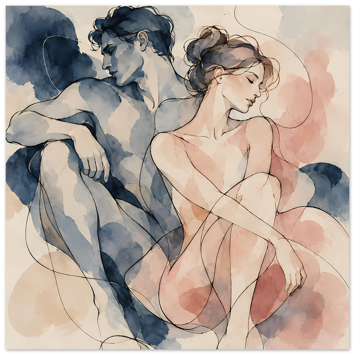 Kunstposter mit aquarellartigem Paar: Mann in Blau, Frau in Rosa, seitlicher Blick