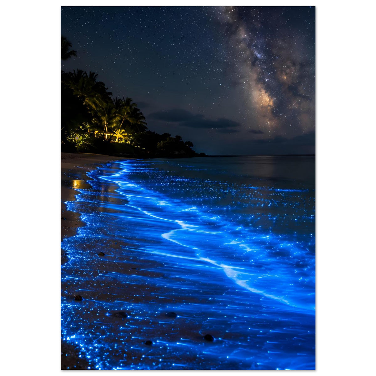Poster mit Strand, blau leuchtenden Flammenwellen und nächtlichem Himmel