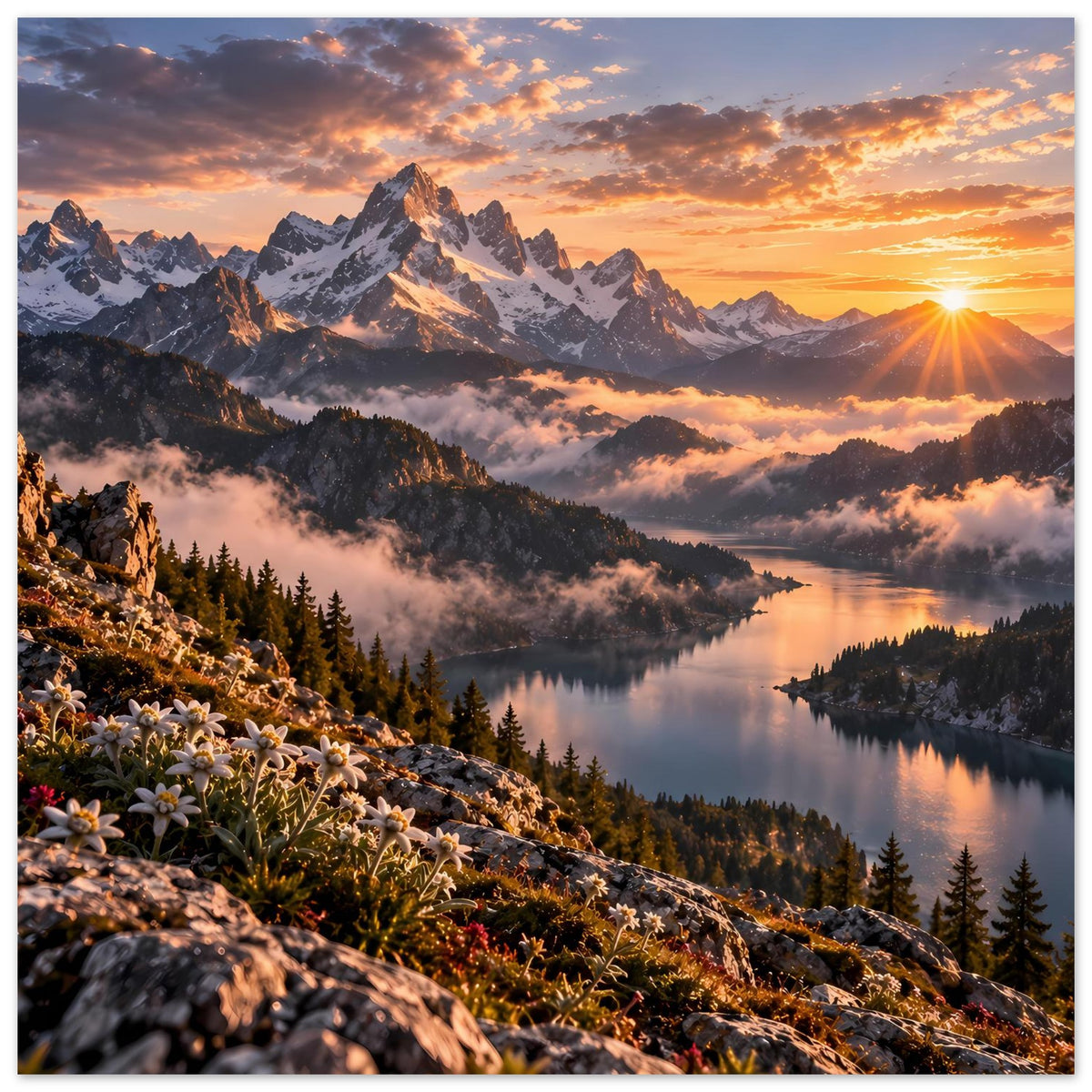 Hochkant-Poster: Berggipfel, Waldhänge und spiegelnder See bei Sonnenstrahlen