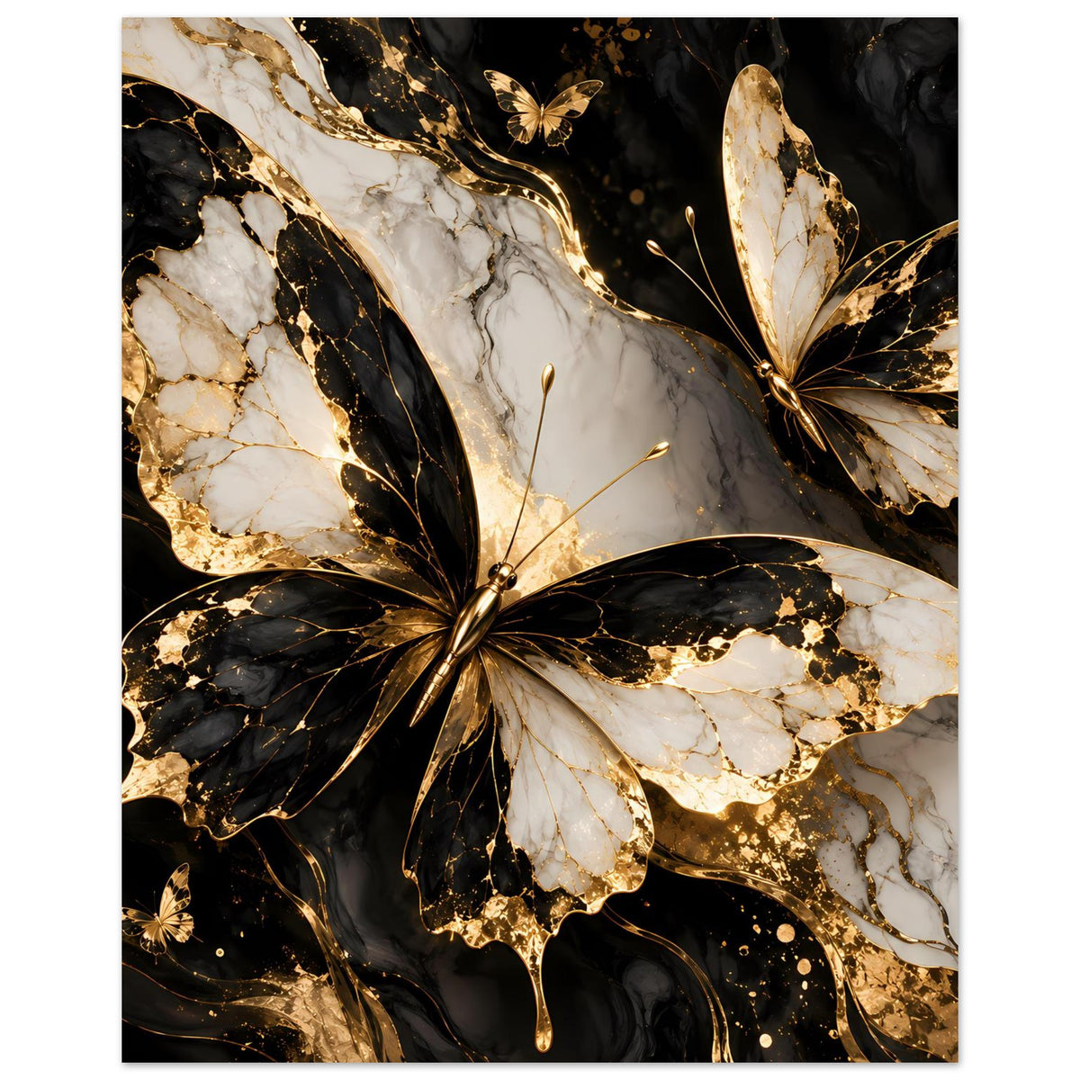 Rechteckiges Schmetterlingsposter mit gold-schwarzem Marmordesign und feinen goldenen Sprenkeln