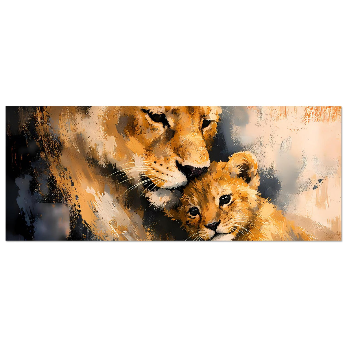 Wandposter mit Löwin und Jungtier, warmes Orange-Gelb, längliches Querformat im Rahmen