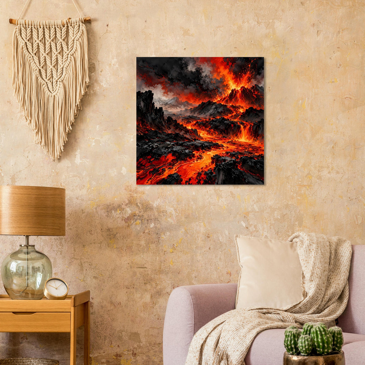 Poster Vulkaneruption in quadratischer Ansicht: Lavaebene, schwarze Felsen und rote Glut.