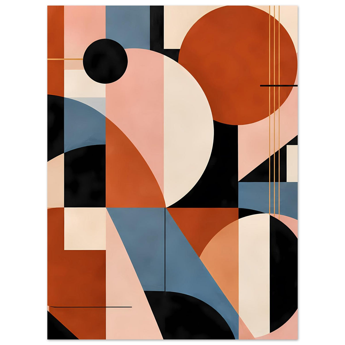 Geometrisches Kunstposter mit orangefarbenem Kreis, schwarzen Formen und pastelligen Flächen