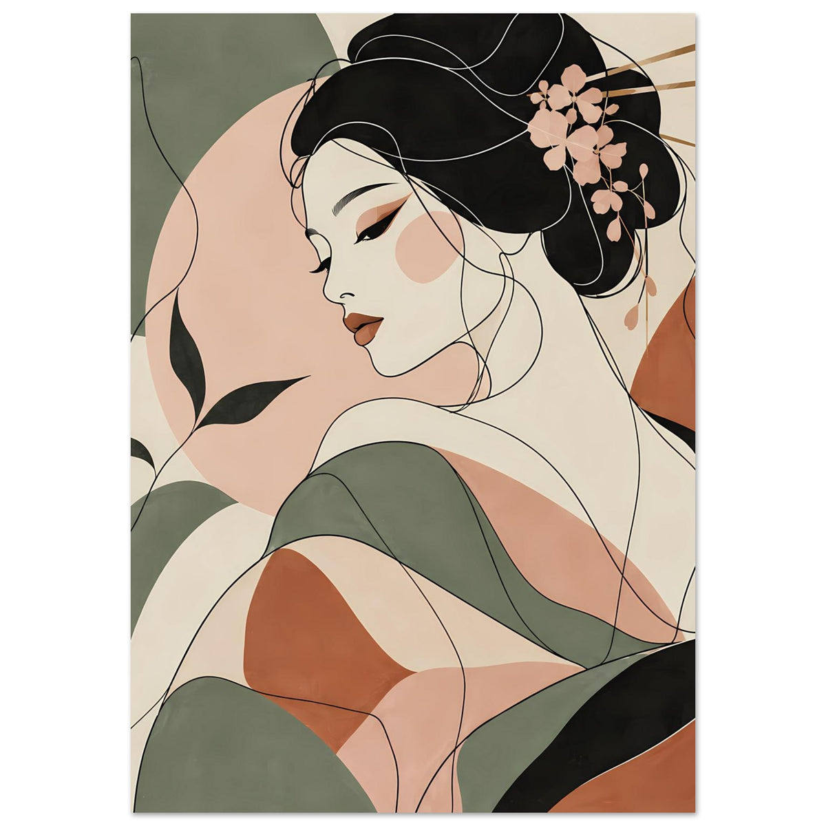 Zen-Geisha Poster mit Linienkunst: Frau im Profil, schwarze Haare, florale Haarverzierung, grün