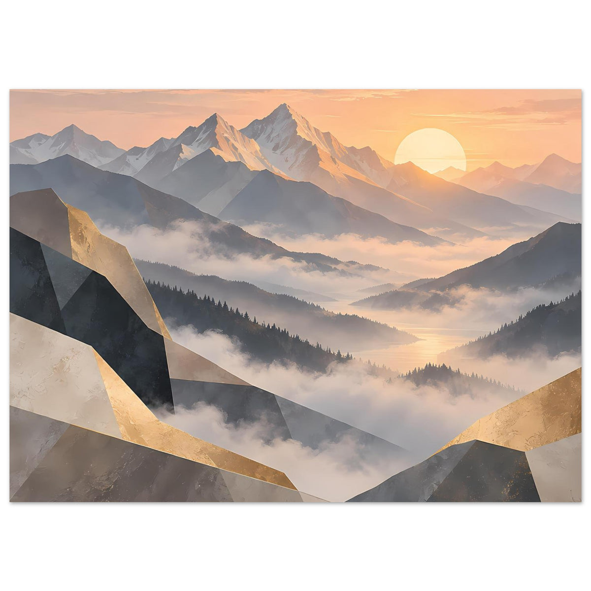 Poster im Querformat: Sonnenaufgang über Bergen in Pastellfarben mit goldenen Linienakzenten