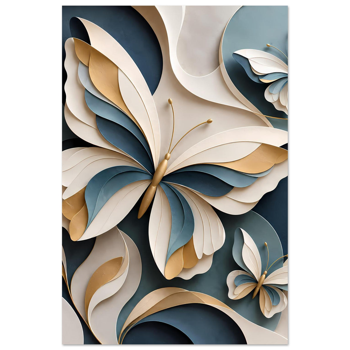 Schmetterlingsposter mit zentralem Blumen-Schmetterling in Blau, Gold und Creme