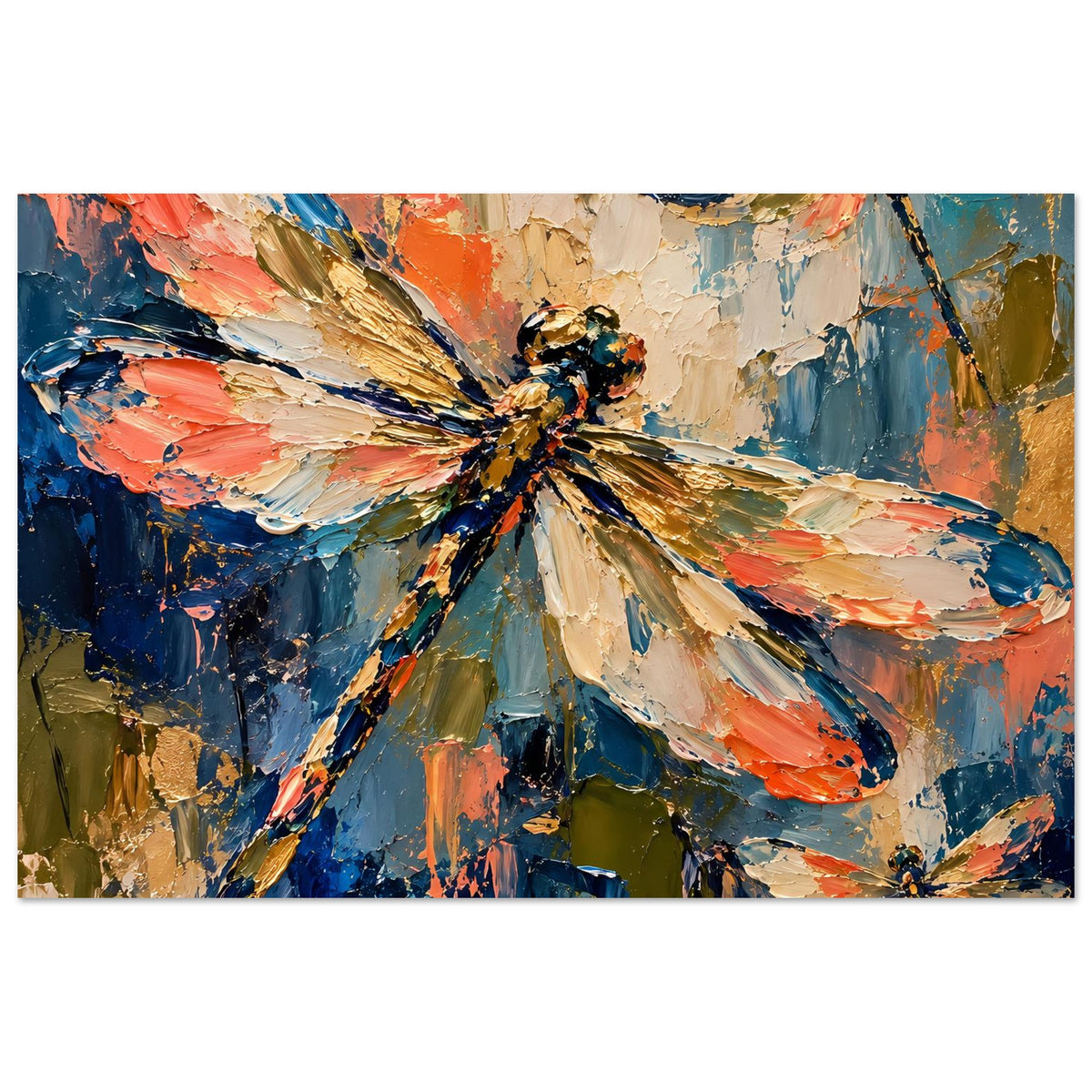 Kunstdruck Poster mit abstrakter Libelle in Blau-, Orange- und Goldtönen, klare Pinselstruktur, Querformat