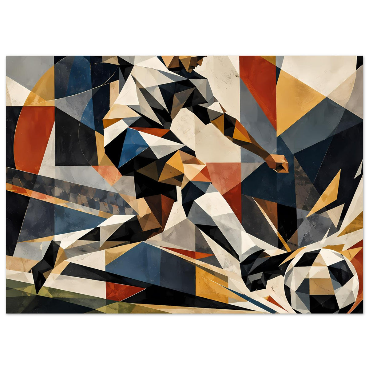 Poster mit geometrischem Fußballspieler in Bewegung, buntes Polygonmuster und Ball