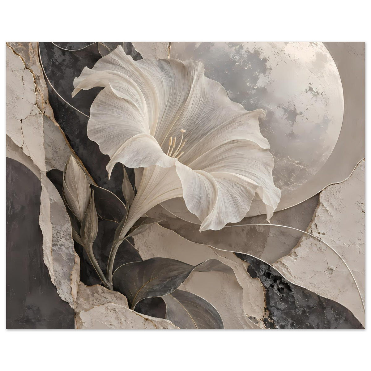 Horizontales Kunstposter mit weißer Blüte, Mondkreis und graubraunem Blattwerk