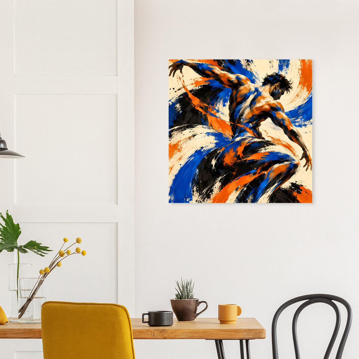 Quadratisches abstraktes Kunstposter mit kräftigen Pinselstrichen in Blau, Orange und Schwarz