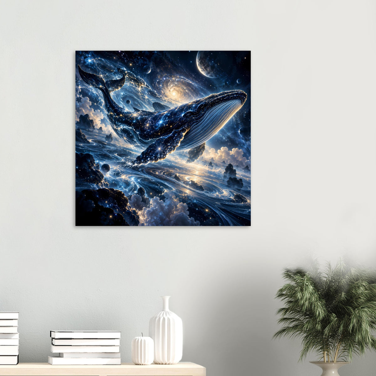 Quadratisches Poster im Rahmen: galaktischer Wal im Sternenmeer, blauer Wirbel