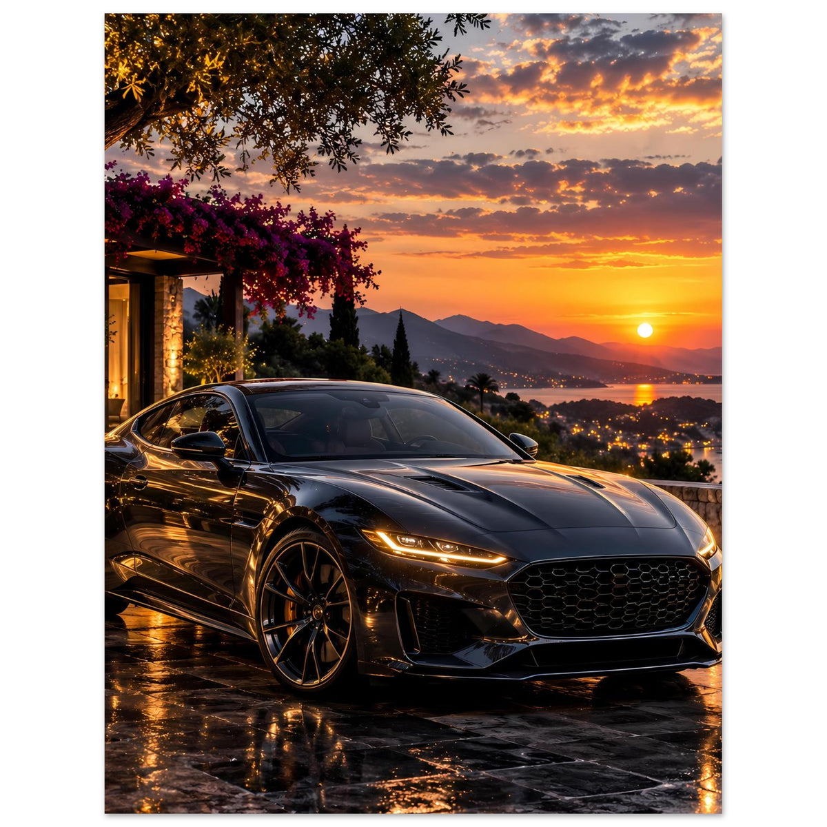Poster mit dunklem Sportwagen vorn links, Blick auf Scheinwerfer und Grill