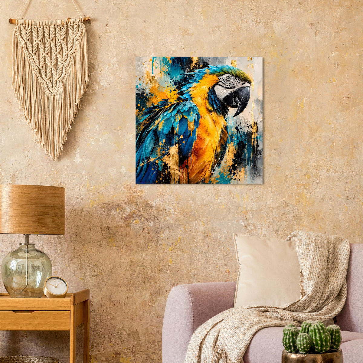 Poster mit Papagei-Motiv, leuchtende Farben und Farbspritzer, im Querformat