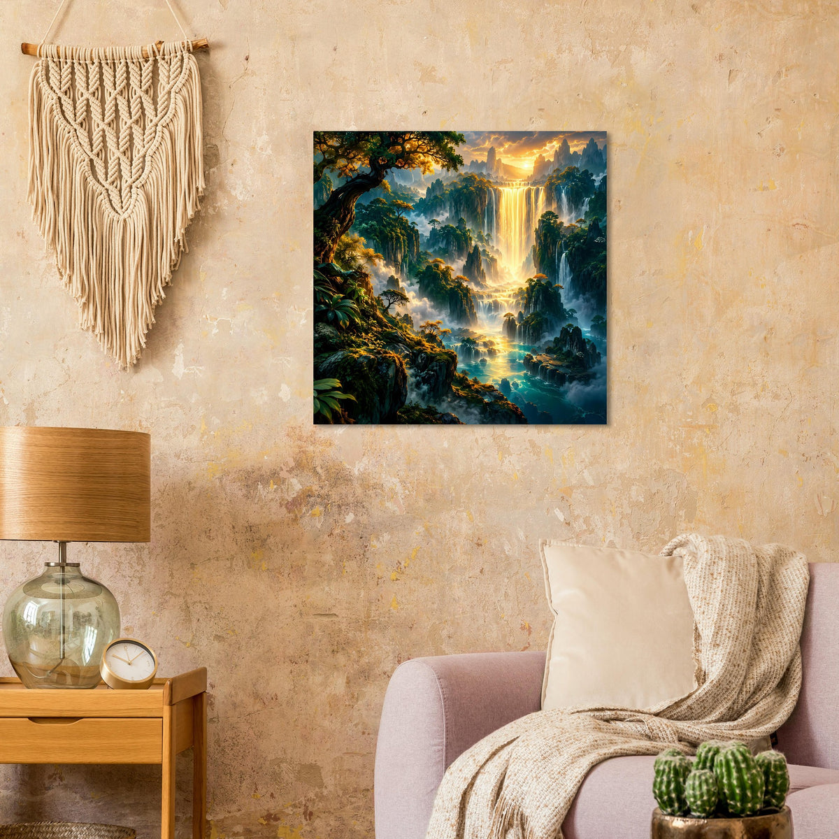 Quadratisches Poster mit Fantasy-Landschaft, goldenem Wasserfall und Nebel im Wald