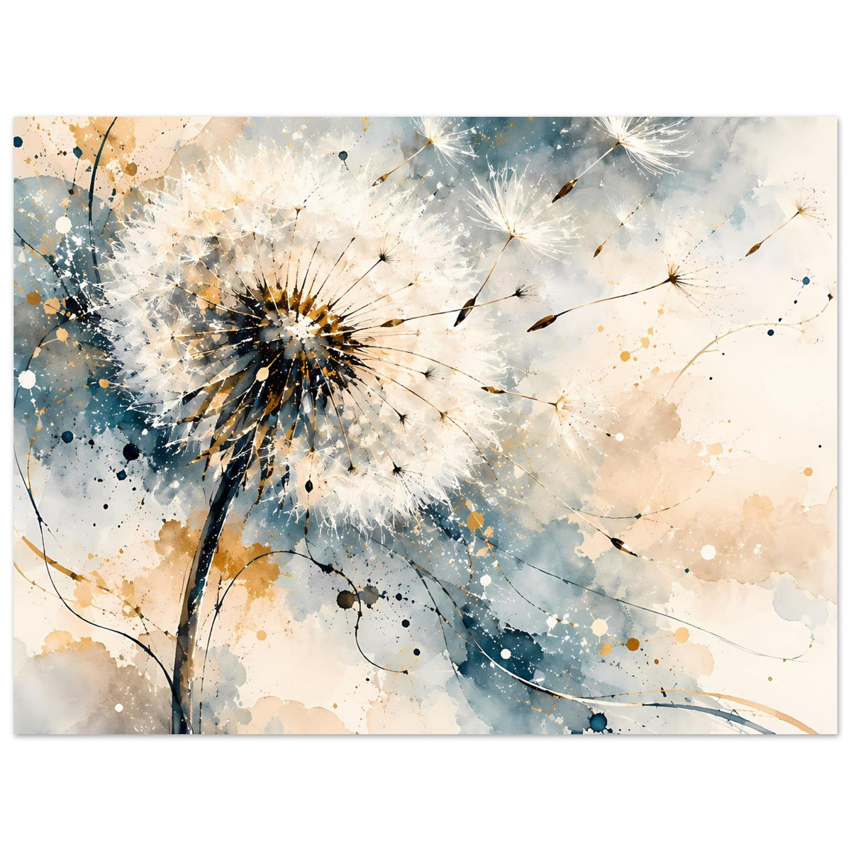 Breites Kunstposter mit Pusteblume und goldenen Akzenten, Blau- und Goldtöne