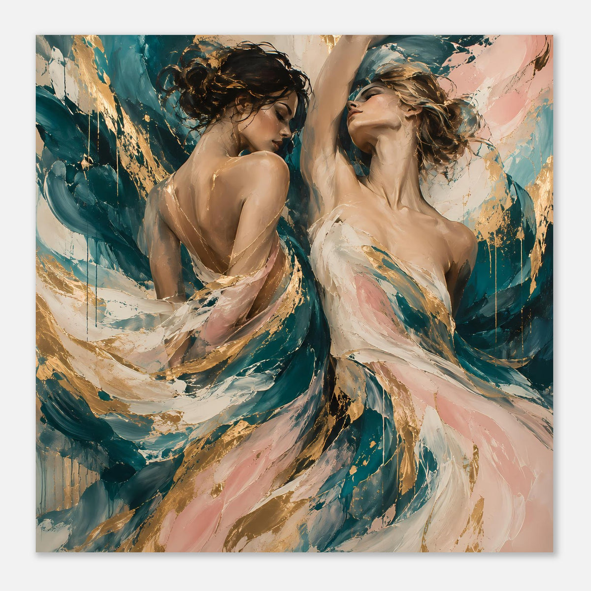 Poster im Querformat, Detailansicht zweier abstrakter weiblicher Figuren in Blau und Rosa