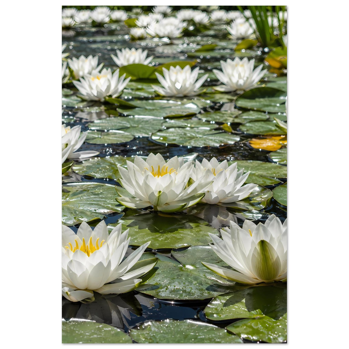Poster im Hochformat mit weißen Seerosen auf grünem Wasser und schwimmenden Blättern