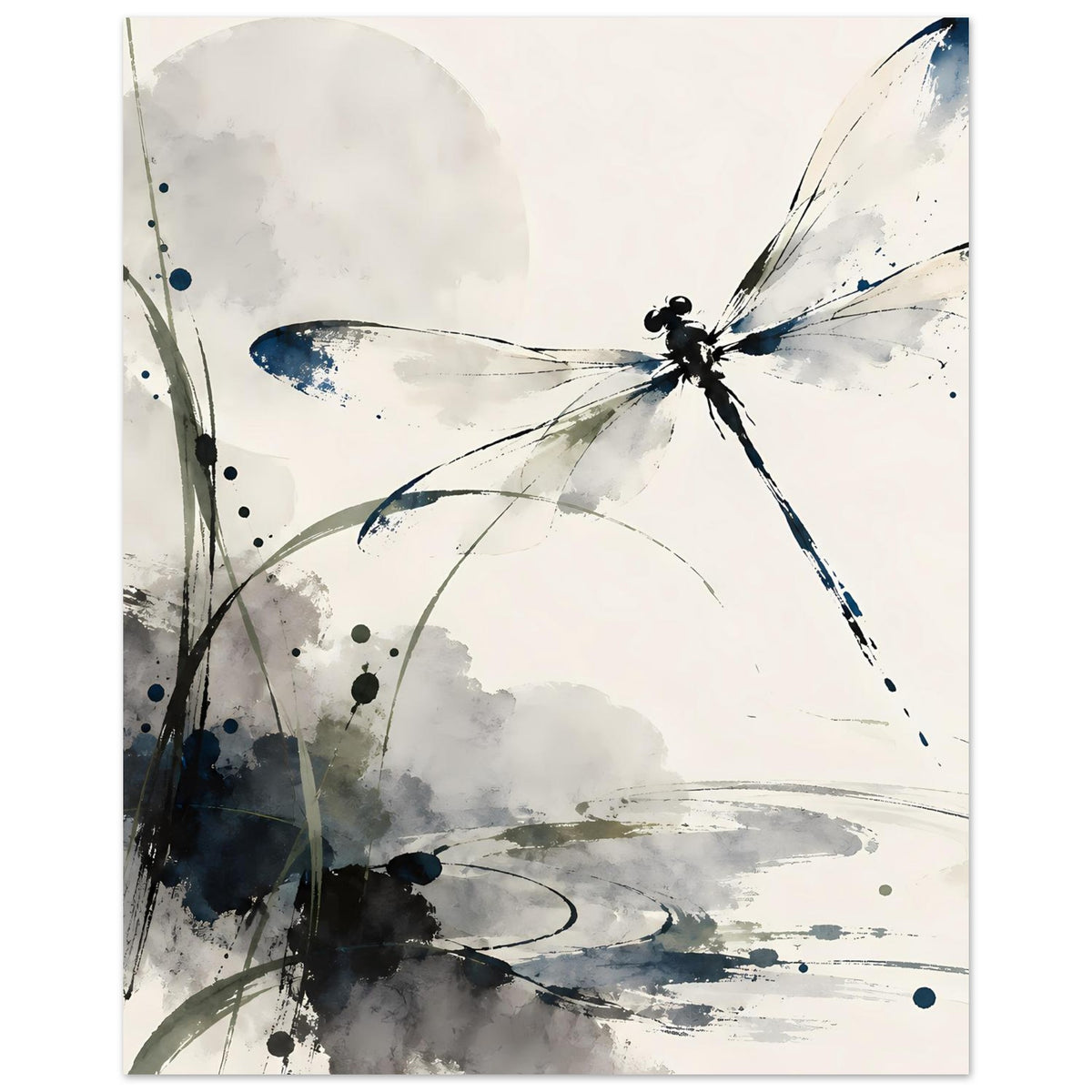 Aquarell-Poster mit blauer Libelle, grauen Spritzern und geschwungenen Linien