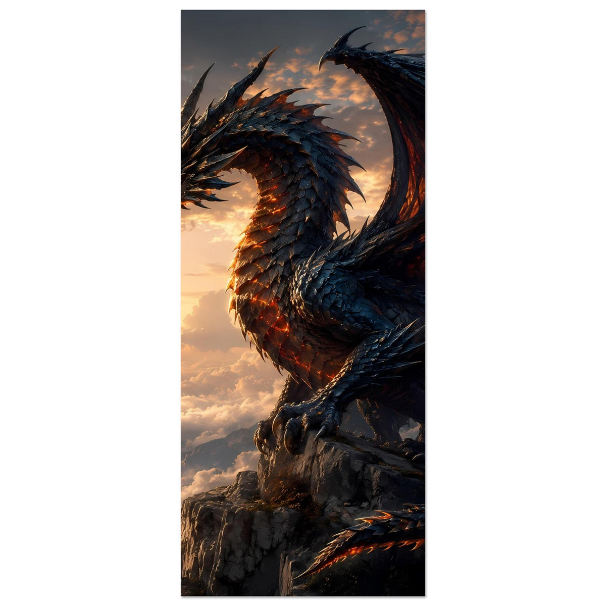 Fantasy-Drachenposter, vertikaler Ausschnitt: blau-schwarzer Drache auf Felsen