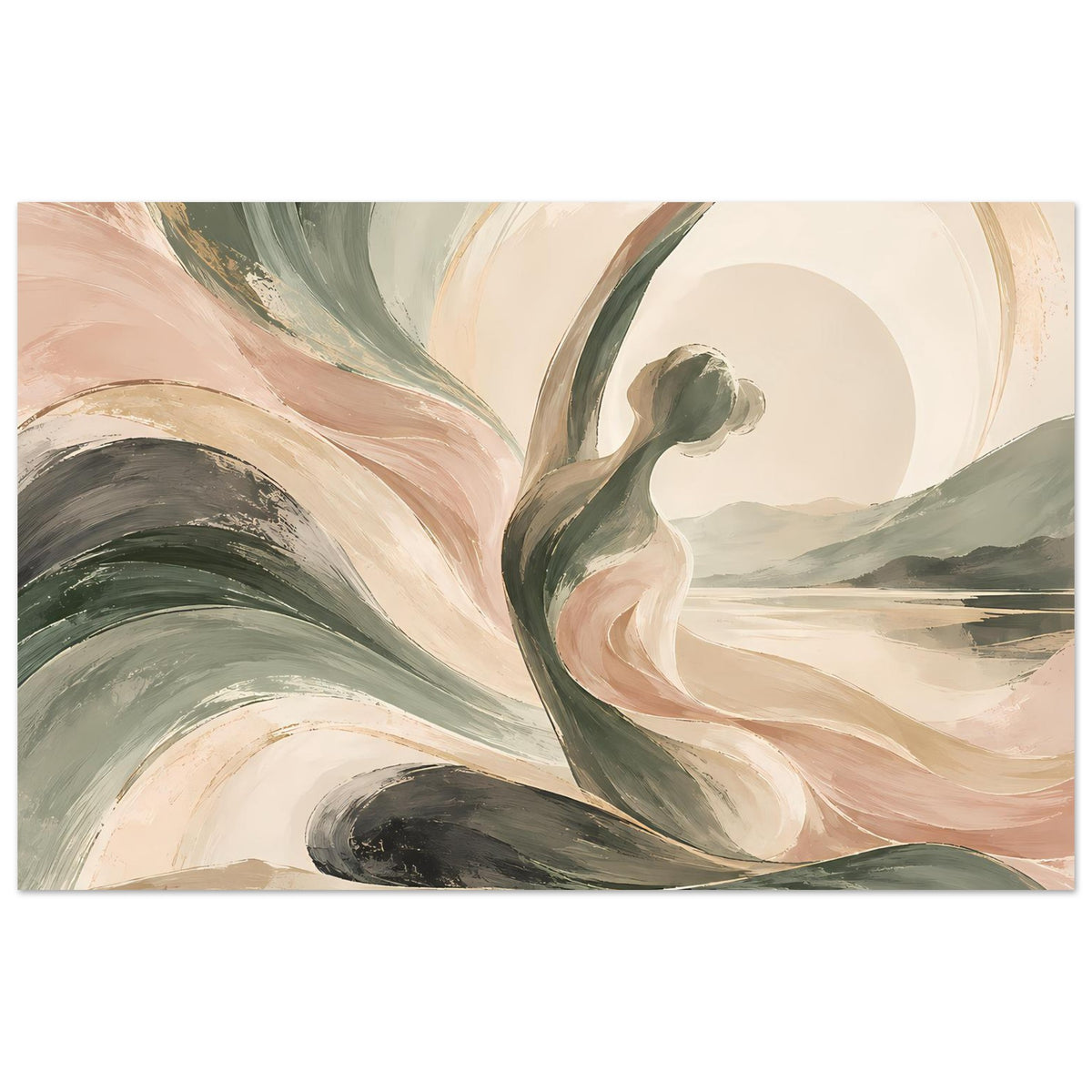 Abstraktes Kunstposter in sanften Erdtönen mit geschwungenen Pinselstrichen, beige, grün und rosa