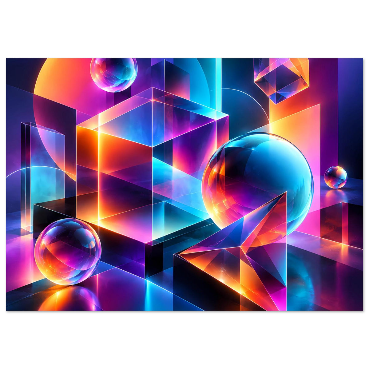Neon-Geometrie-Poster im Querformat mit 3D-Kuben, Glasbällen und kräftigen Neonfarbverläufen