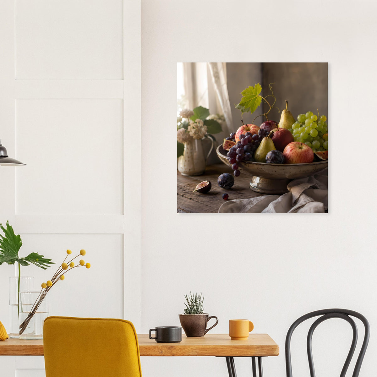 Quadratisches Kunstposter zeigt Obstkorb mit Trauben, Äpfeln und Birnen