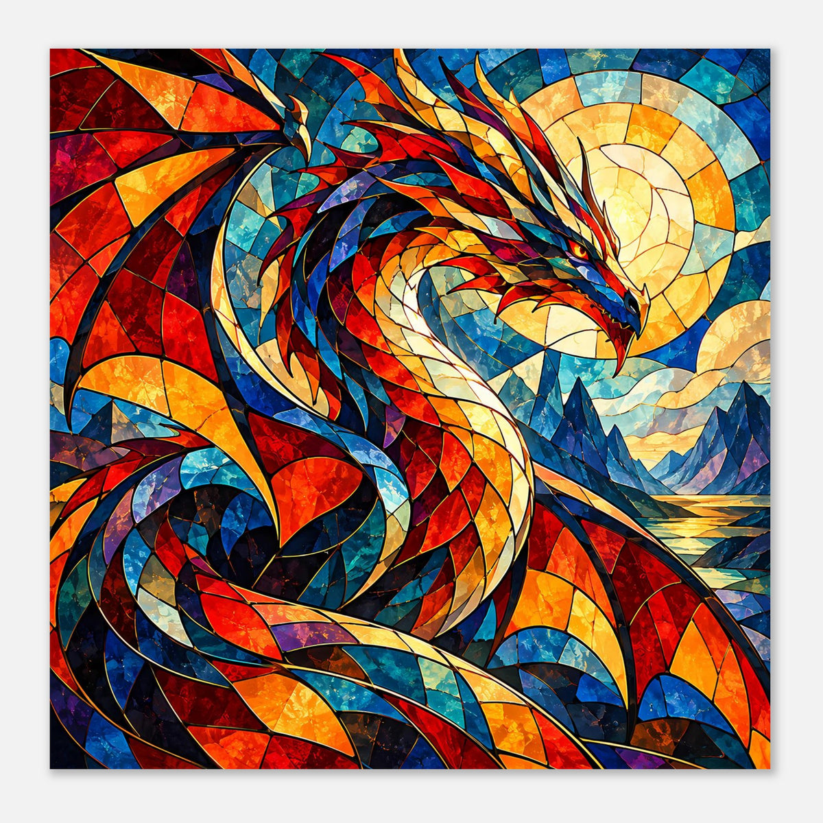 Drachen-Glasmalerei-Poster: Drachenkopf oben rechts, farbige Wellen und Berge