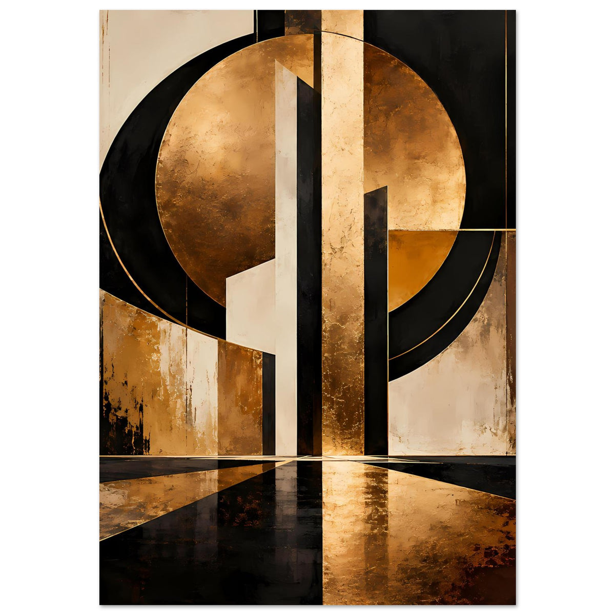 Abstraktes Gold-Schwarz-Artposter mit rundem Motiv, senkrechtem Balken und goldenen Flächen