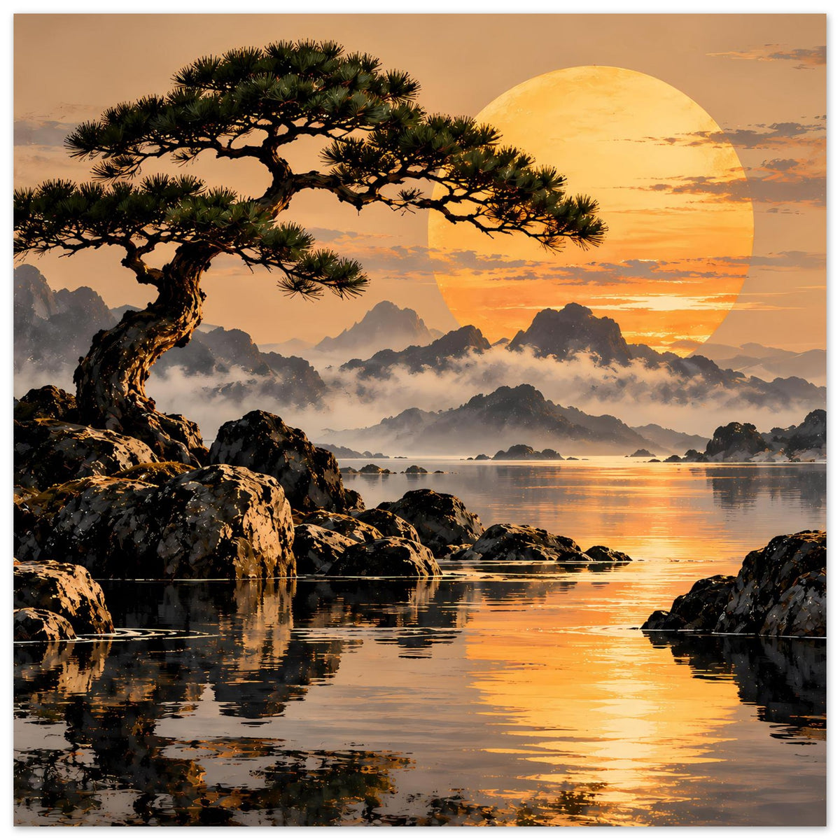 Landschaftsposter mit Kiefer, Felsen am Wasser und großer gelber Sonne über Sonnenuntergangssee.