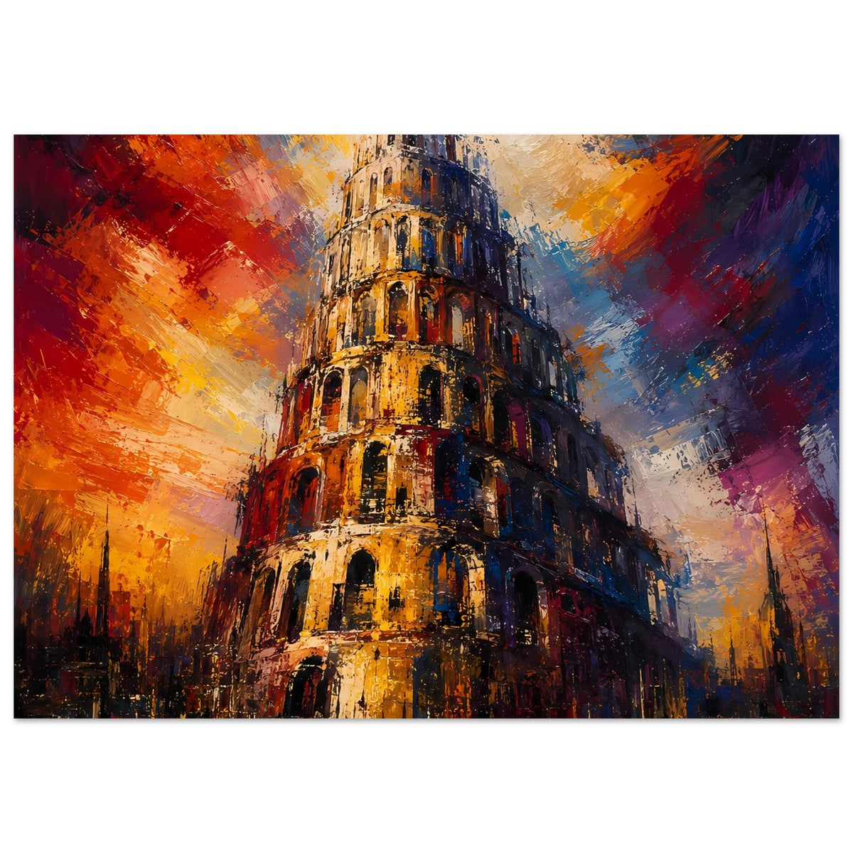 Poster im Querformat: Turm von Babel in Orange, Blau und Gold, abstrakt gemalt.