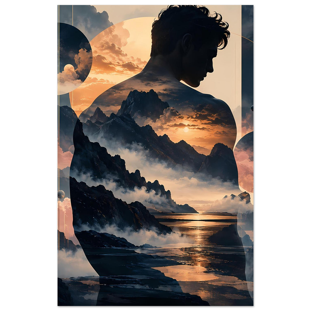 Poster mit Bergsilhouette, Profil eines Mannes und Sonnenuntergang mit Wasserspiegelung
