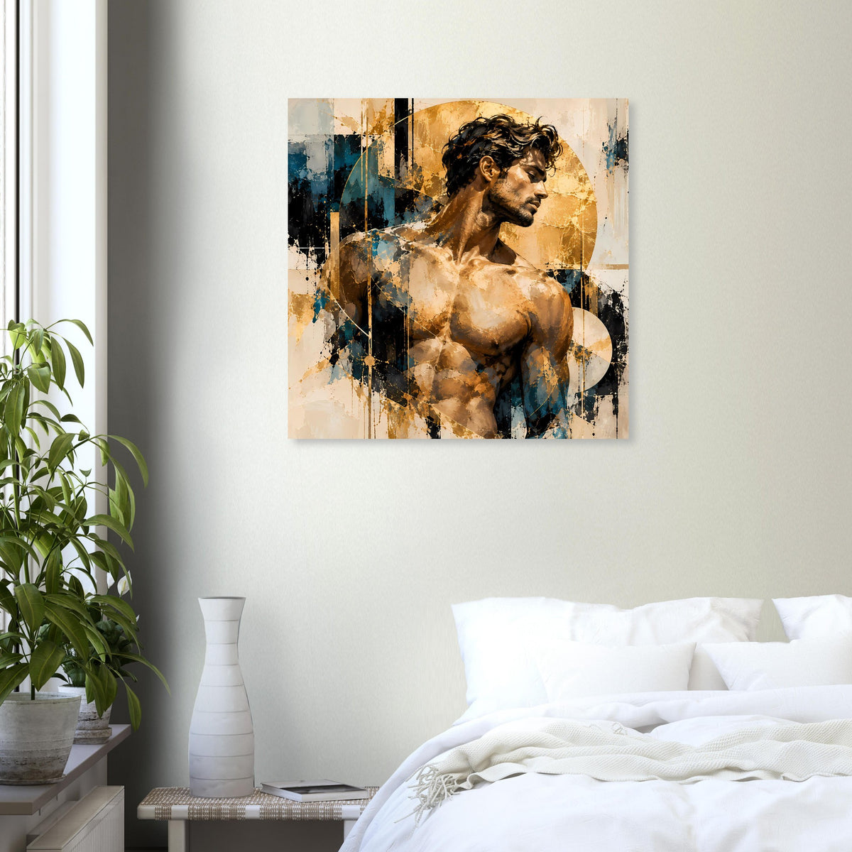 Kunstposter mit Aktmotiv: nackte Figur mit Gold- und Blauspuren, rechteckig gerahmt