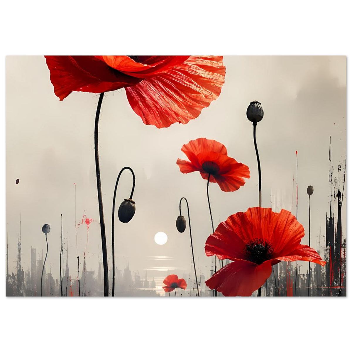 Poster mit roten Mohnblumen, schwarzen Stielen und mehreren Blüten in unterschiedlichen Höhen