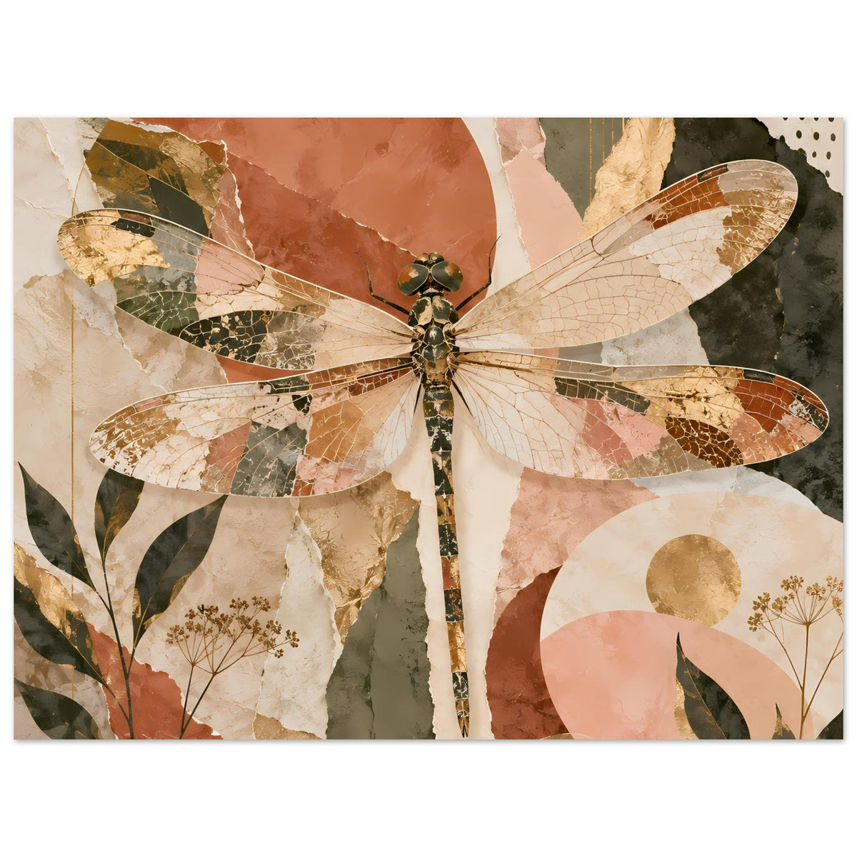 Deko-Poster mit Libelle im Boho-Stil, horizontal, farbige Collage mit Blatt-Elementen.