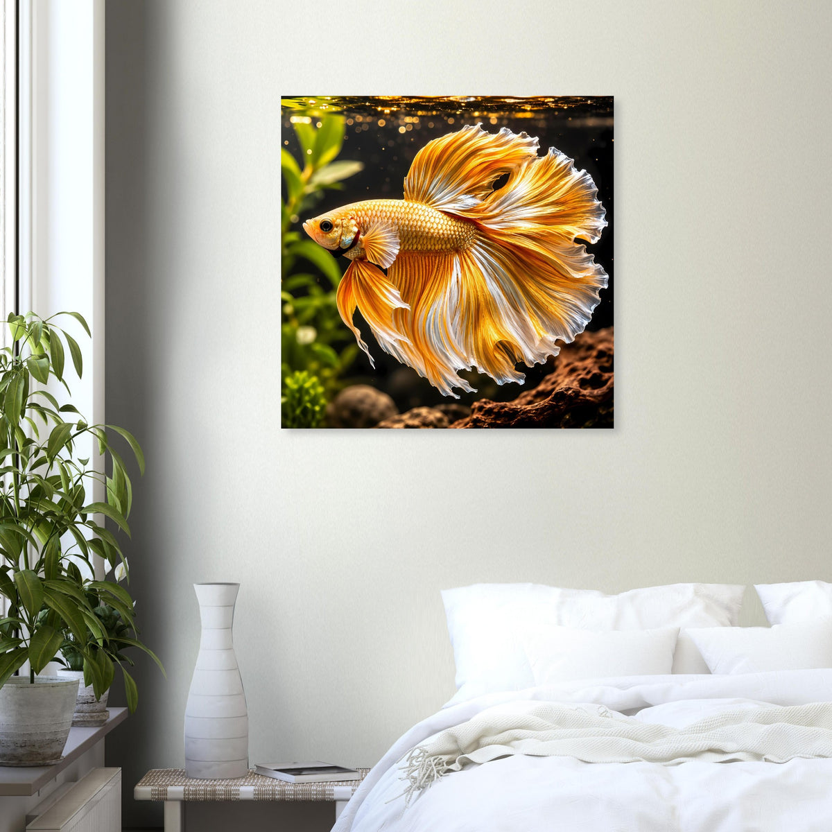 Quadratisches Poster mit orange-goldenem Betta-Fisch, seitlich mit ausgebreiteten Flossen.
