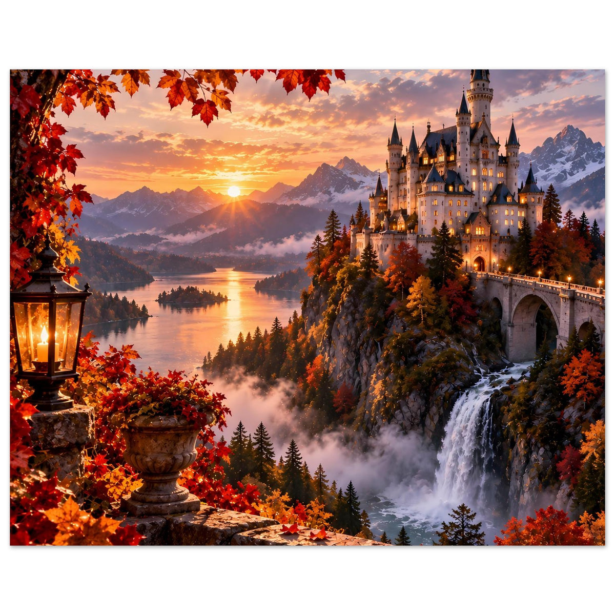 Herbstliches Schloss-Poster mit Laterne, Wasserfall und Nebel im Tal