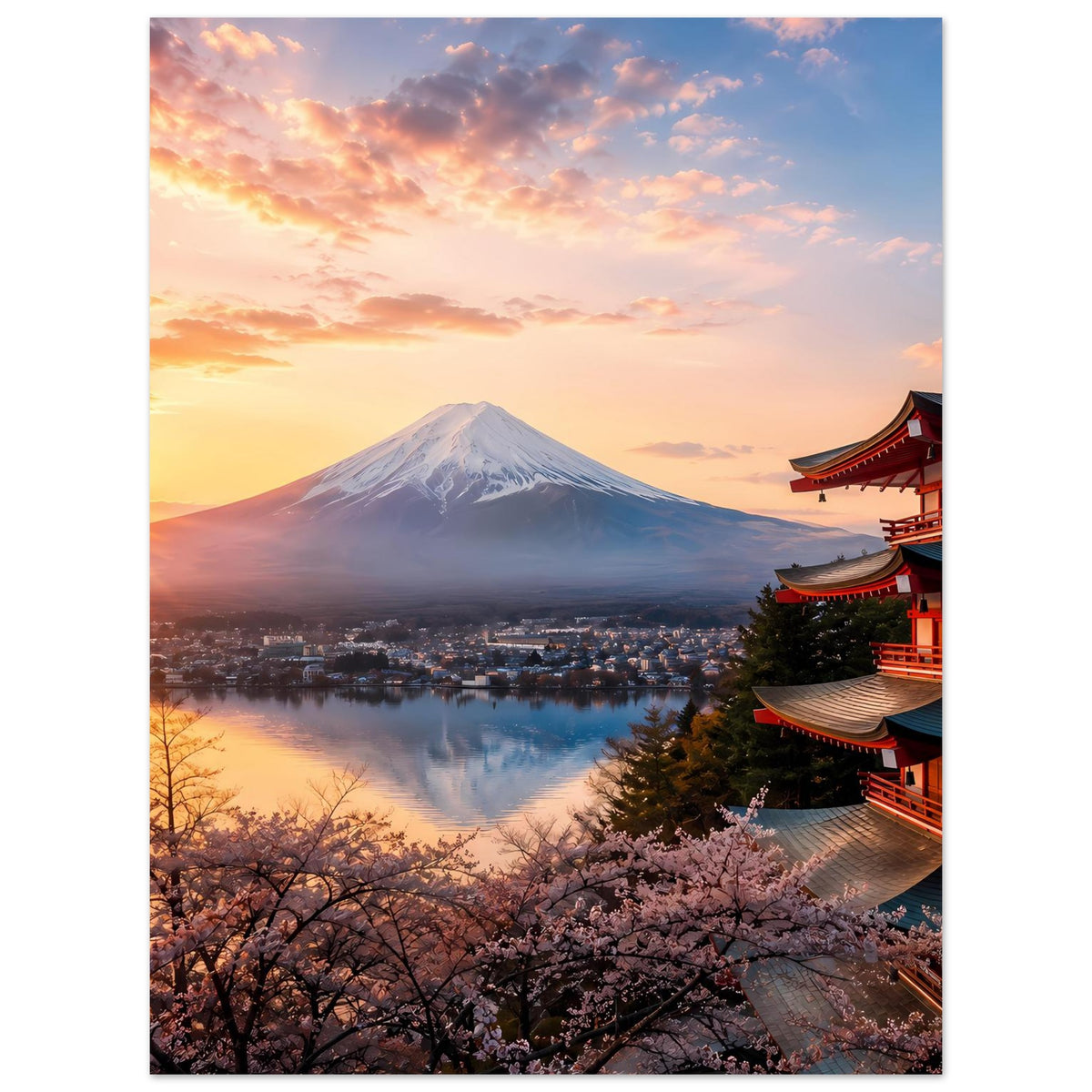 Landschaftsposter mit Fuji, Kirschblüten unten, Tempel-Pagode rechts und reflektierendem See