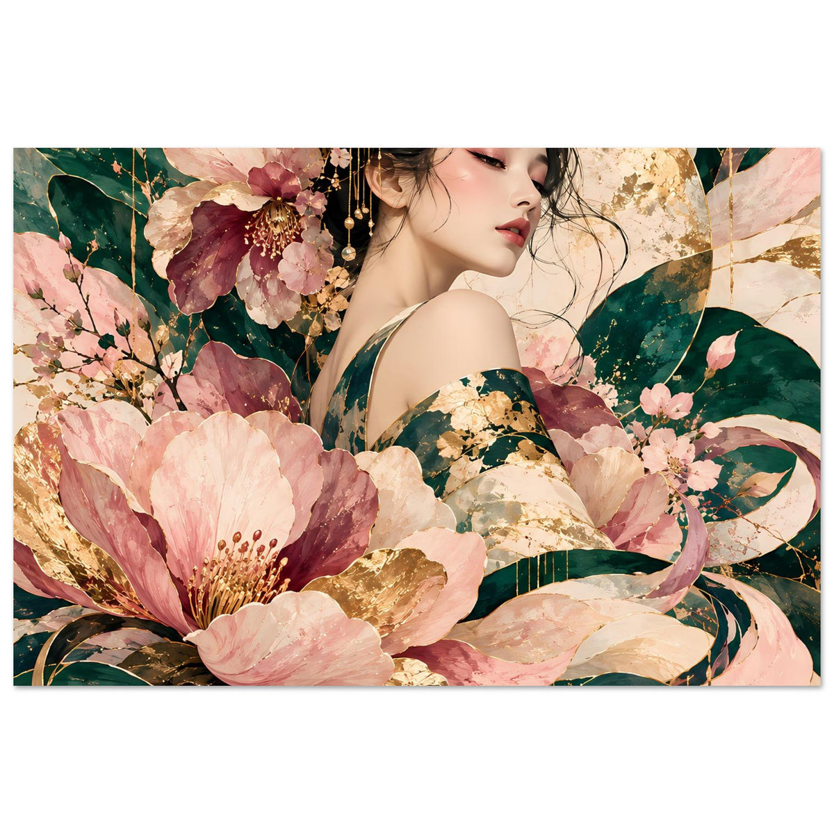 Elegantes florales Poster mit Frau, Blüten in Rosé, Grün und Gold
