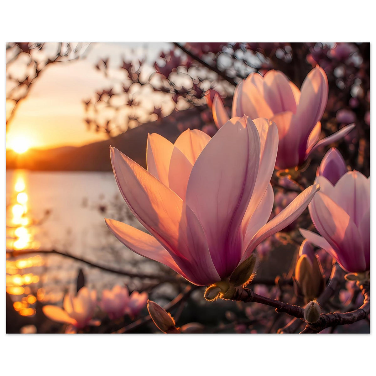 Blumenposter im Querformat: Magnolienblüten in Rosa und Violett, Ast mit Knospen