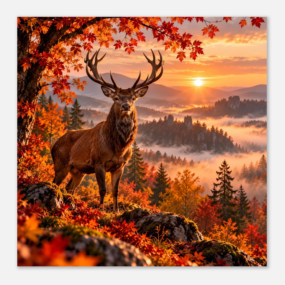 Hirschposter im Hochformat mit Geweih, Herbstwald und Sonnenuntergang mit Nebel