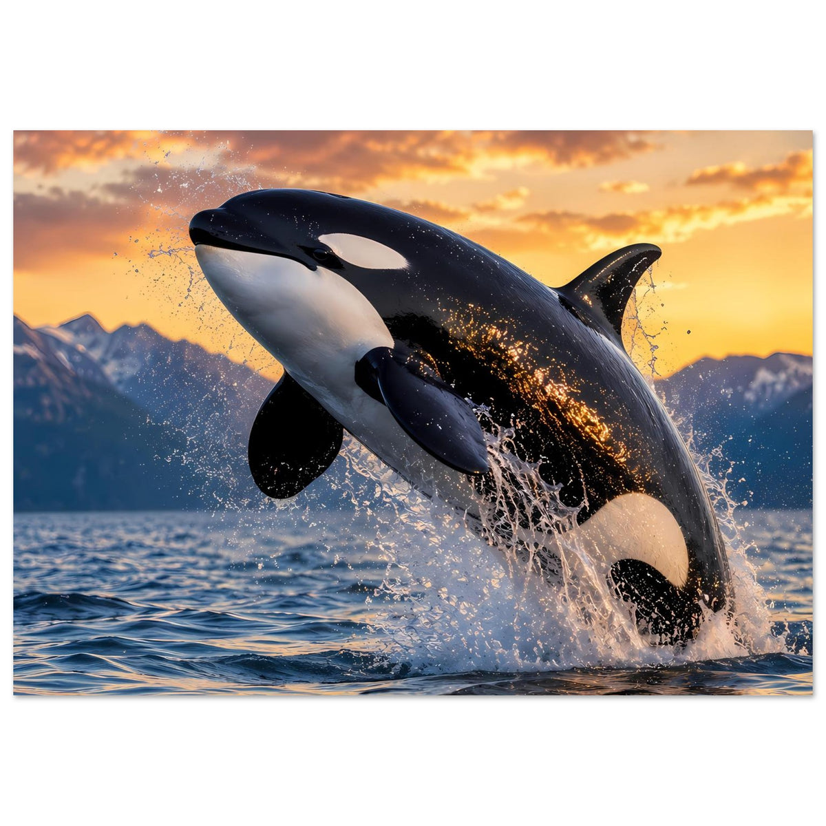 Poster mit springendem Orca, schwarze Rückenflosse, weiße Flanke, Gischt