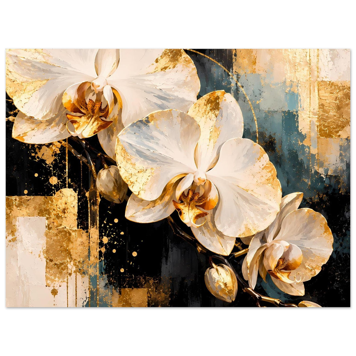 Poster mit weißen Orchideenblüten und goldenen Akzenten, großflächiges Kunstmotiv