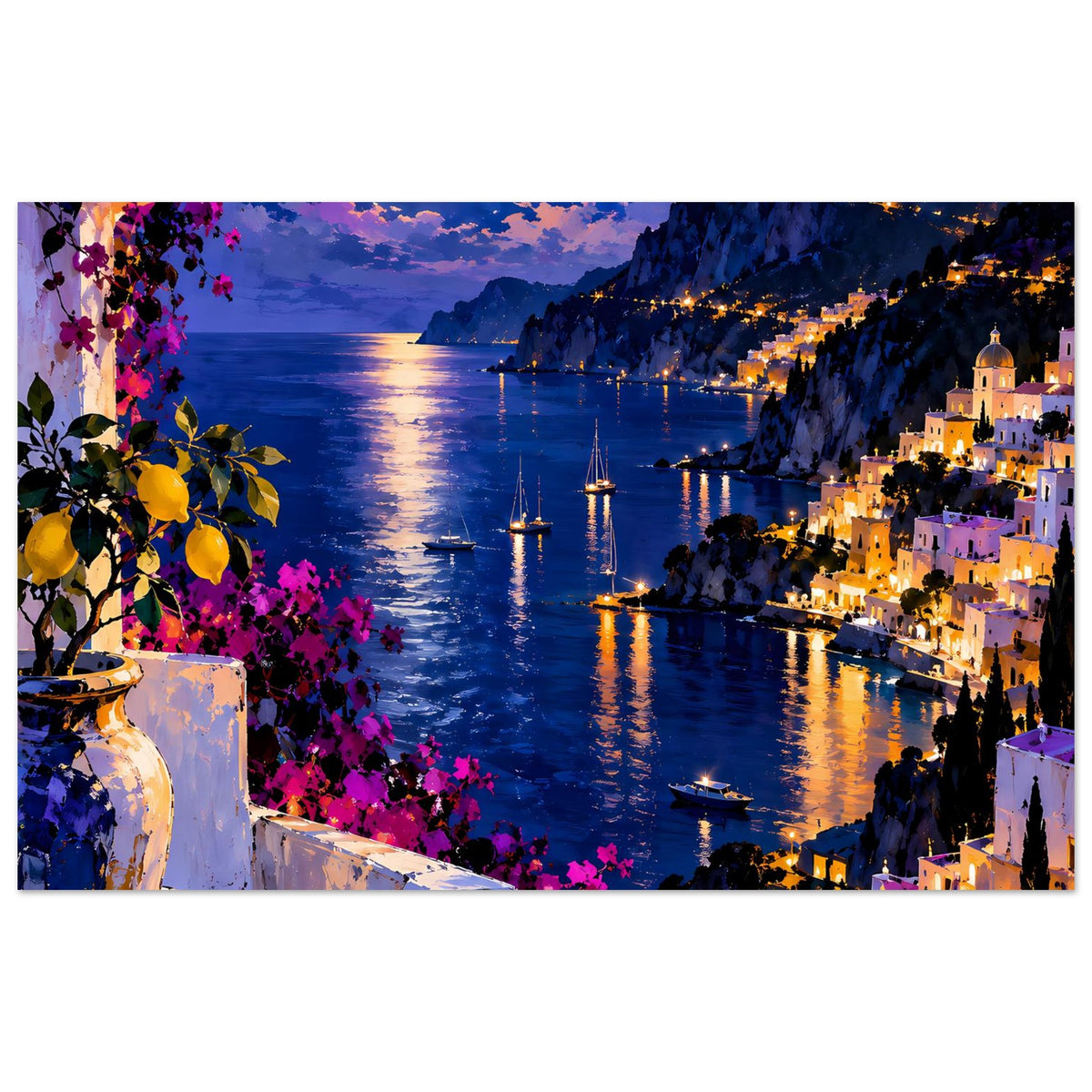 Mittelmeerküste bei Mondschein mit blühender Bougainvillea und Lichtern