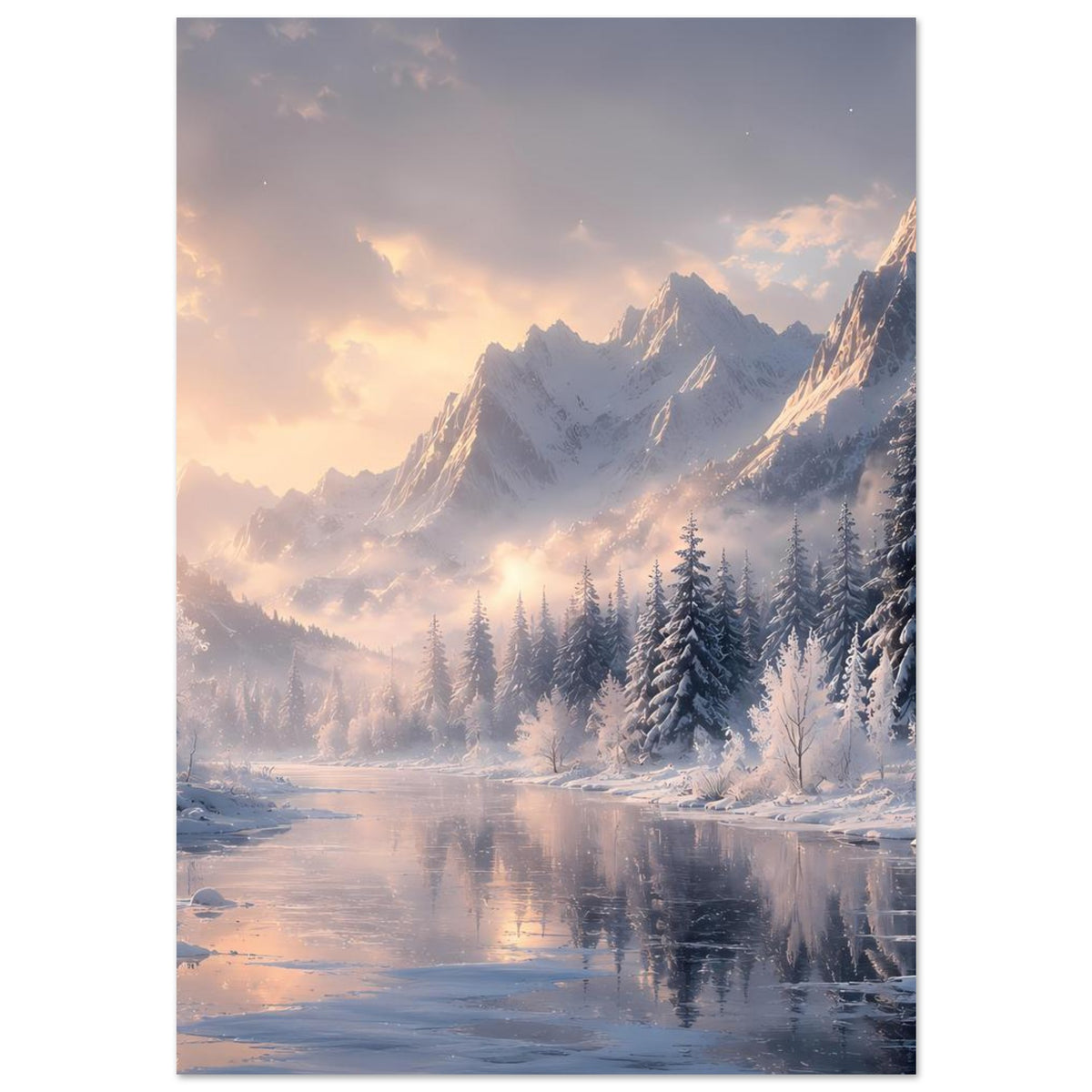 Winterlandschafts-Poster mit hohen Berggipfeln, Nebel, Tannenwald und eisigem Flusstal