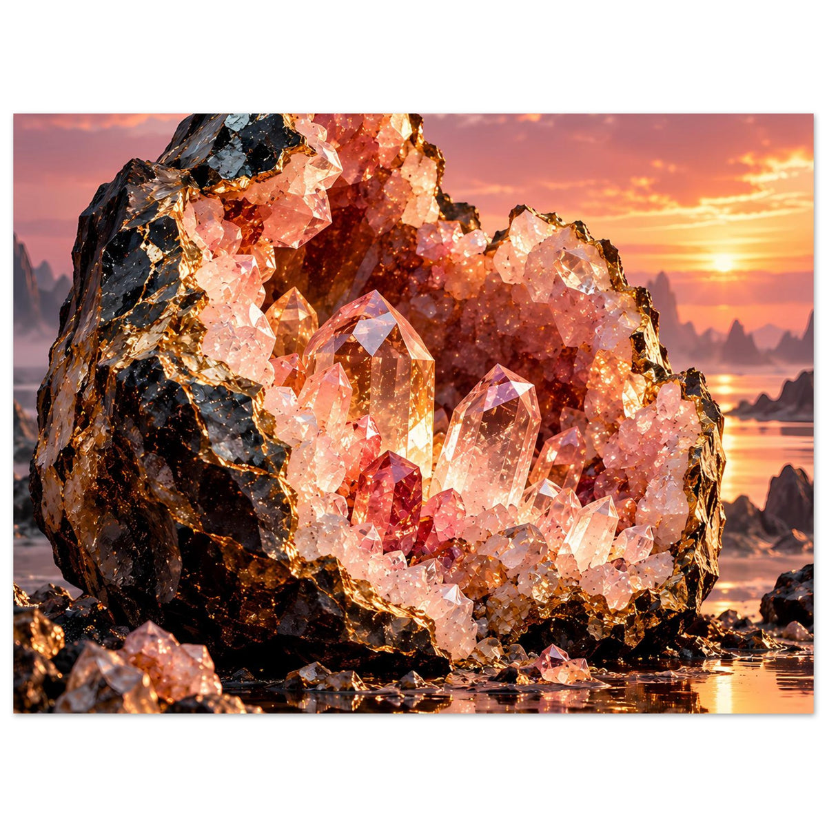 Poster mit großer Kristallgeode, goldene Reflexe und rosa funkelnde Kristalle auf schwarzem Fels