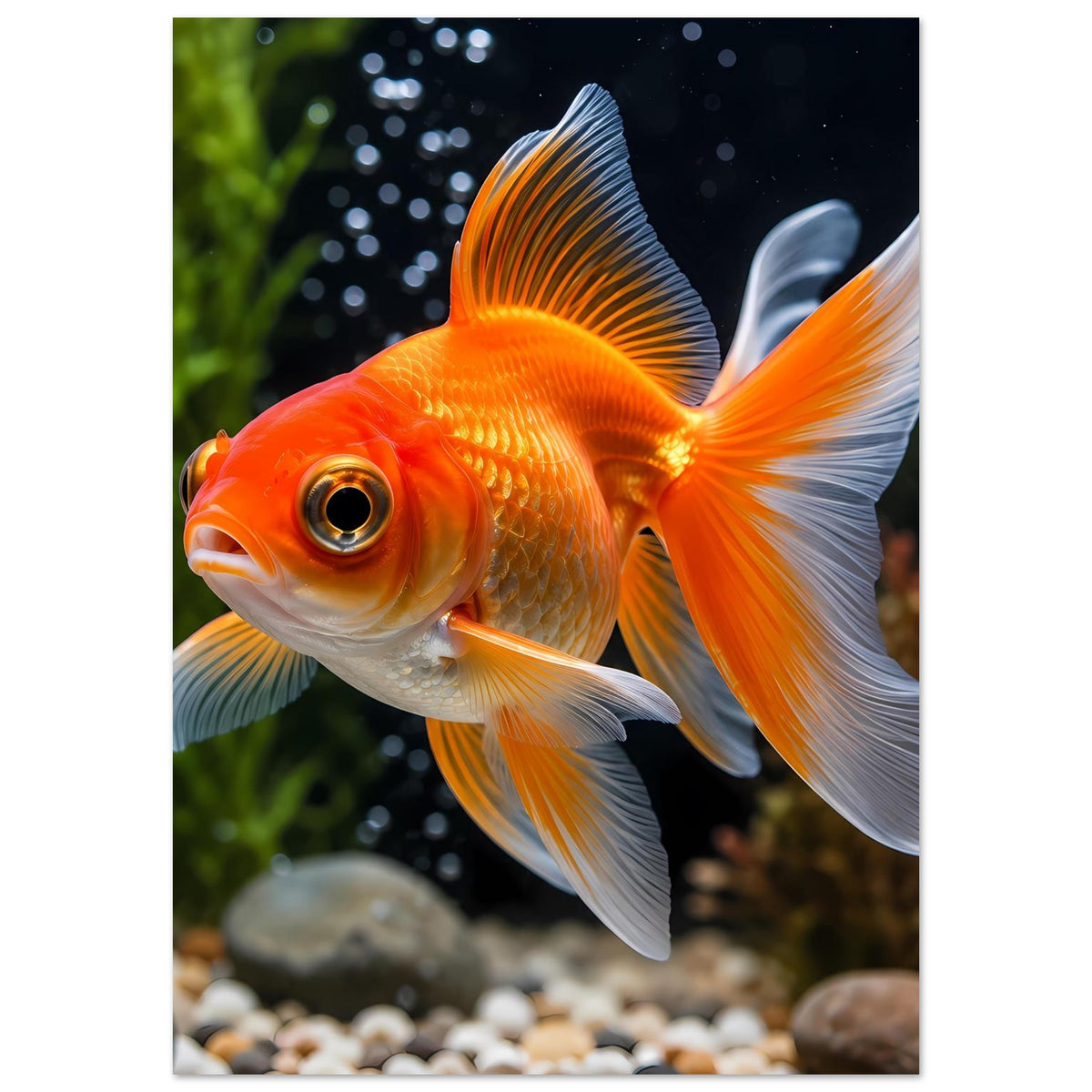 Goldfisch-Porträt als Poster auf mattem Papier, orangefarbener Fisch mit weißen Flossen