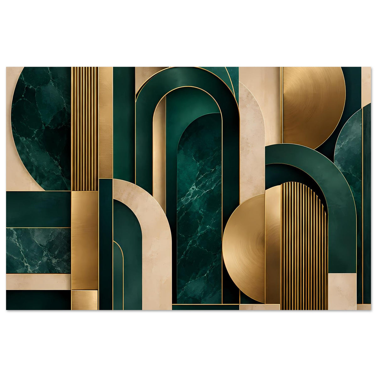 Art-Deco-Poster: goldene und dunkelgrüne Geometrie mit gerahmten Bögen, Säulen und Streifen