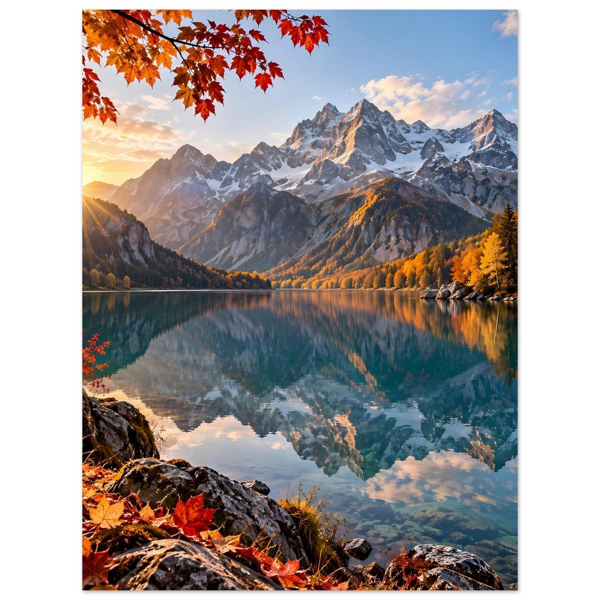 Herbstliches Landschaftsposter mit Alpenbergen, See und orange-roten Blättern im Vordergrund